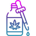 Blue and purple gradient icon of a CBD oil bottle with a dropper. A cannabis leaf is on the bottle.