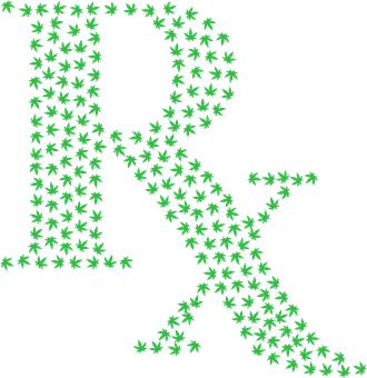 Green cannabis leaves forming a large Rx symbol.