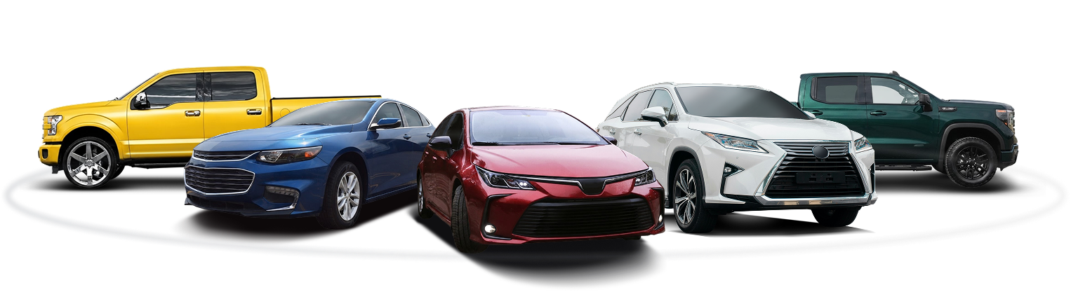 Five cars in black, white, red, silver, and gray lined up on a white background | A1 Brake & Service