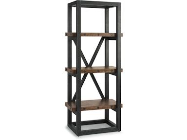A bookshelf with wooden shelves and a metal frame on a white background.
