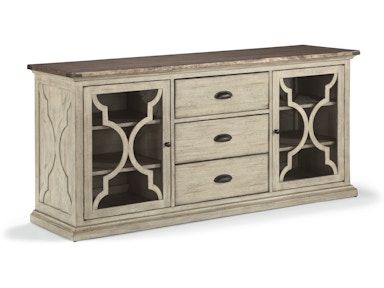 A white dresser with drawers and glass doors on a white background.