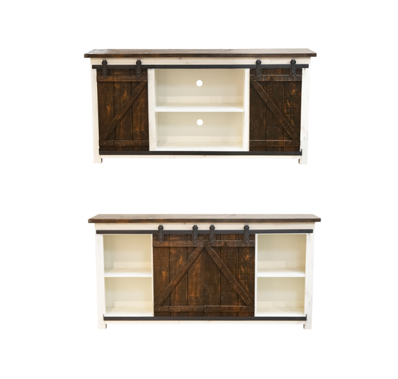 A wooden entertainment center with sliding barn doors