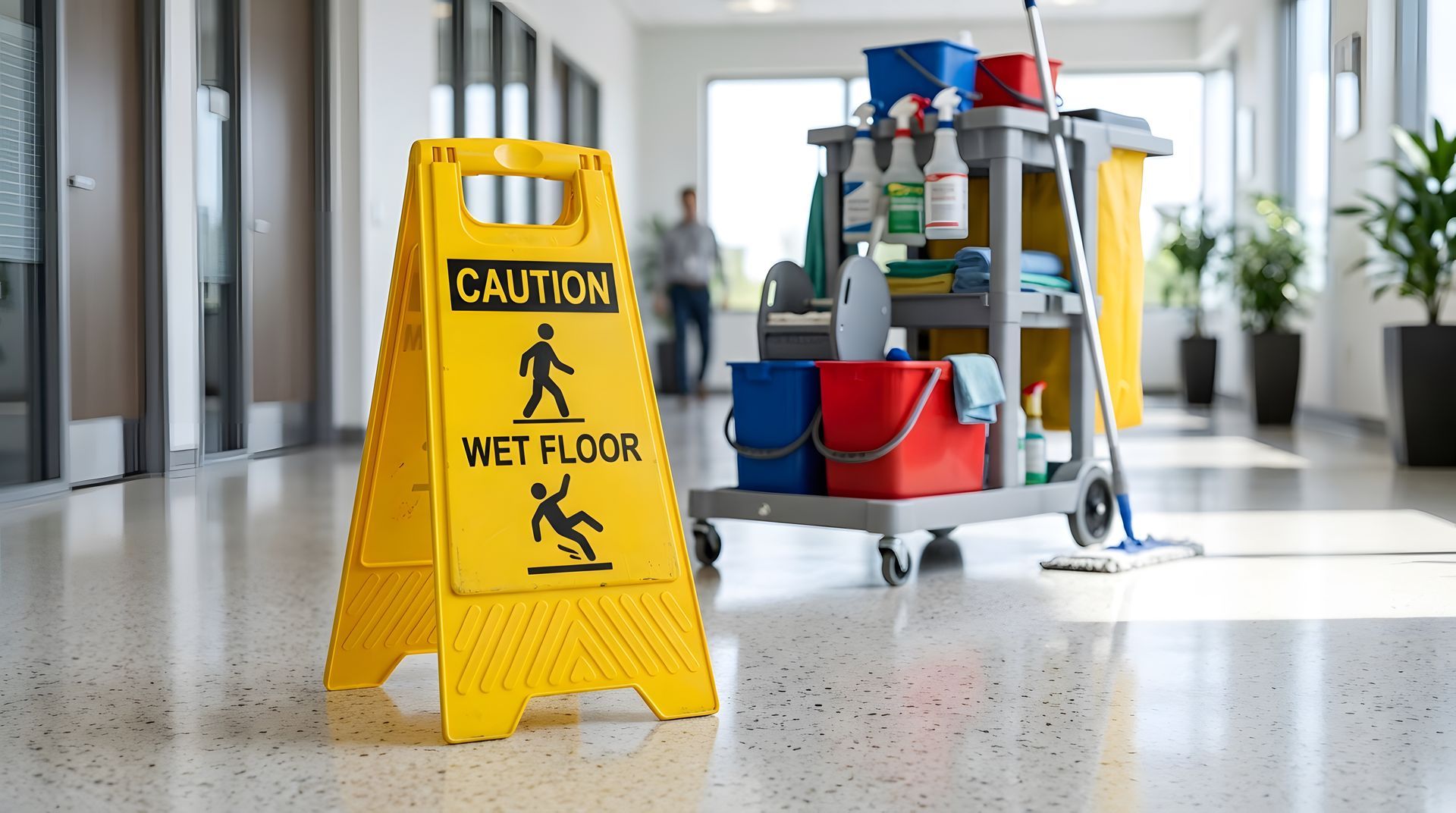 Yellow wet floor caution sign in a bright hallway beside a cleaning cart with supplies and mop