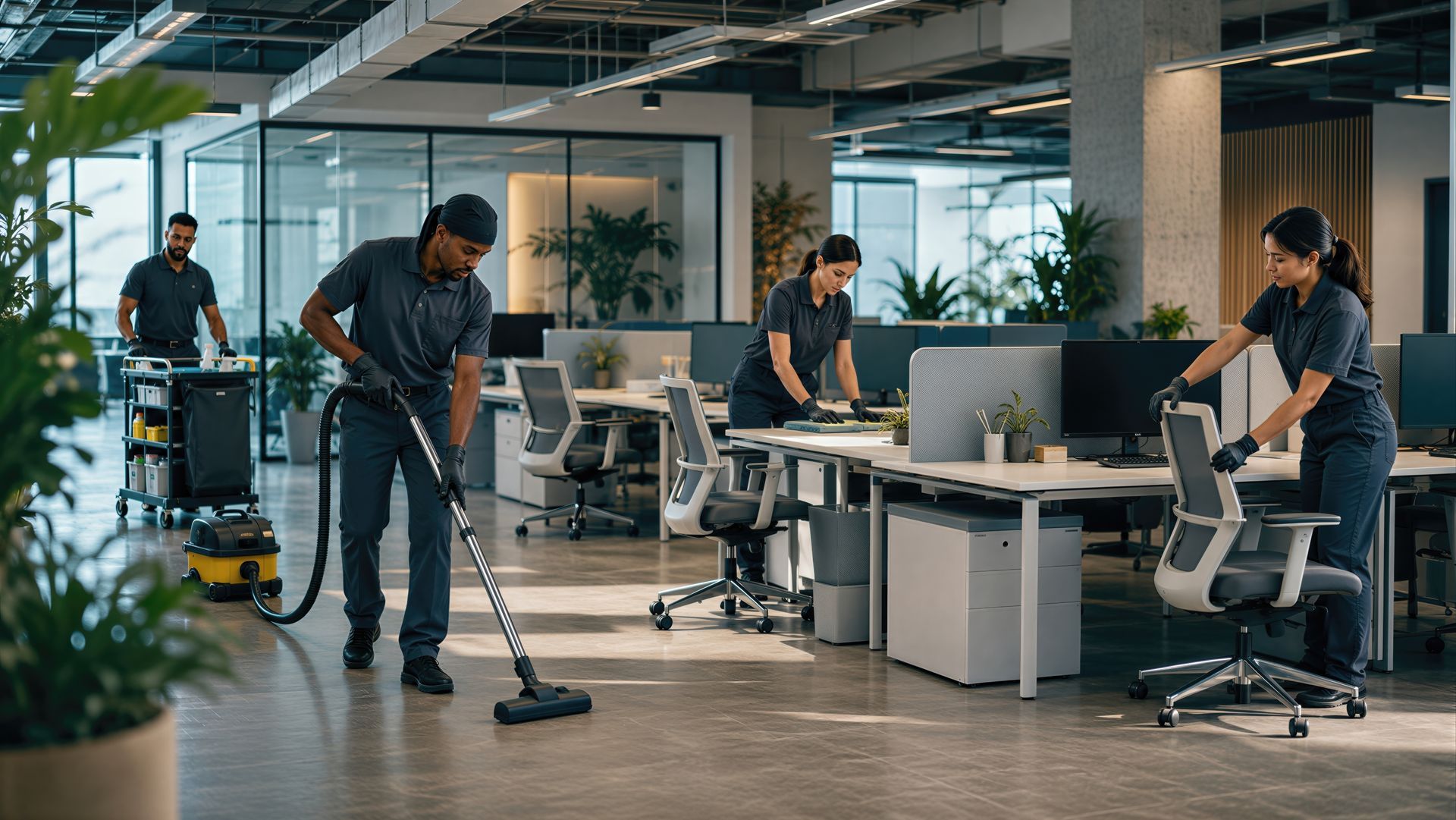Office staff cleaning an open-plan workspace with vacuum and mop around desks and chairs