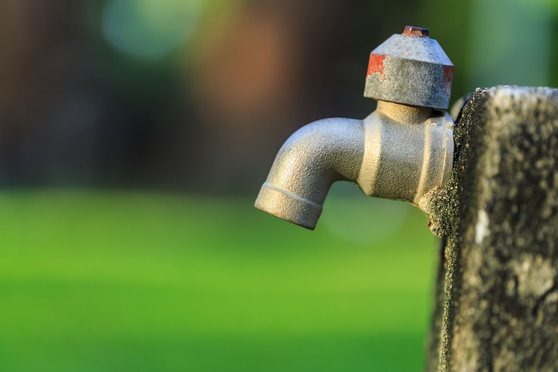 Close-up of a gray outdoor faucet on a post, with a blurred green background.