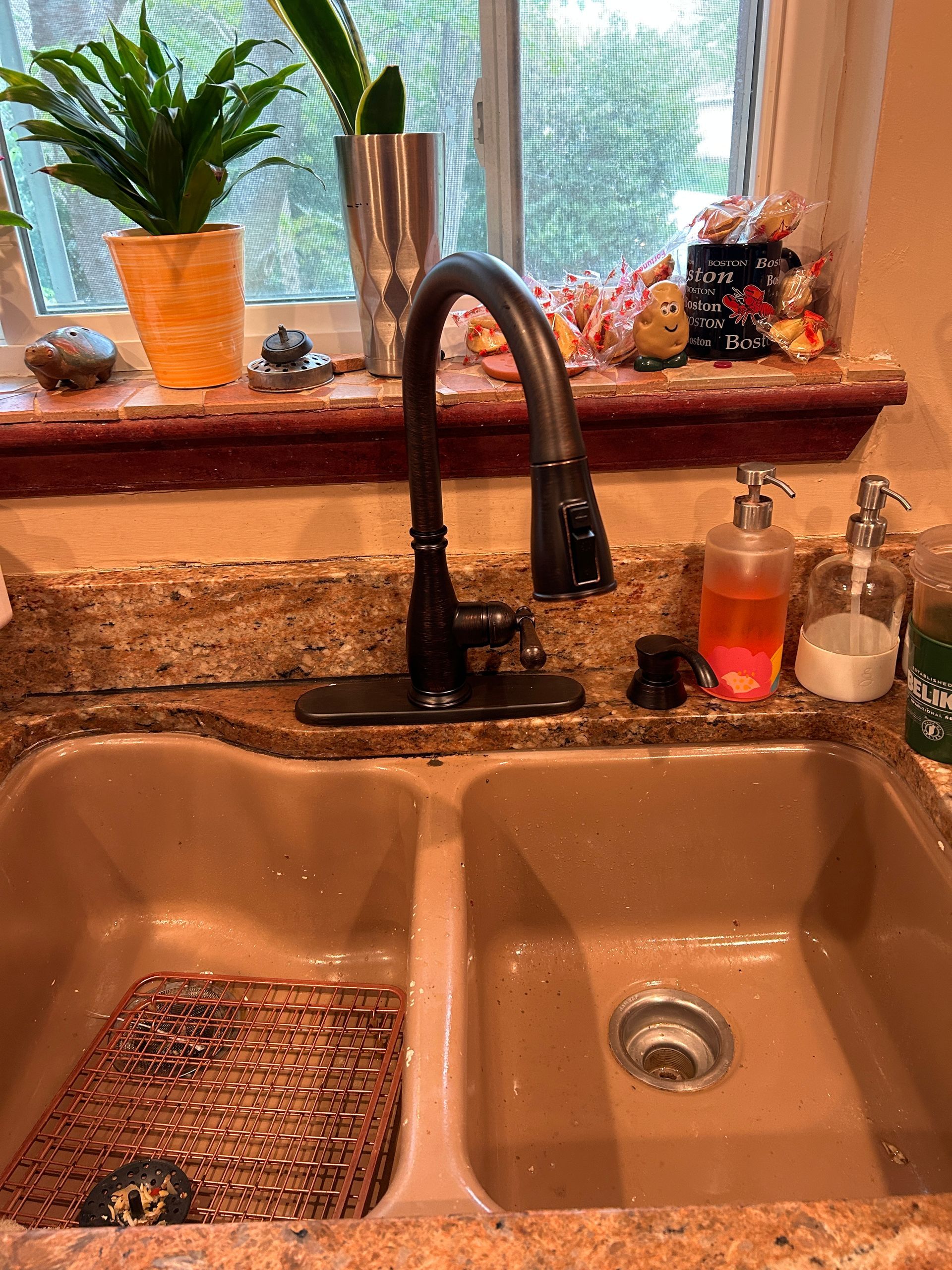 Kitchen sink with black faucet, wet basin, and potted plants on the windowsill above.