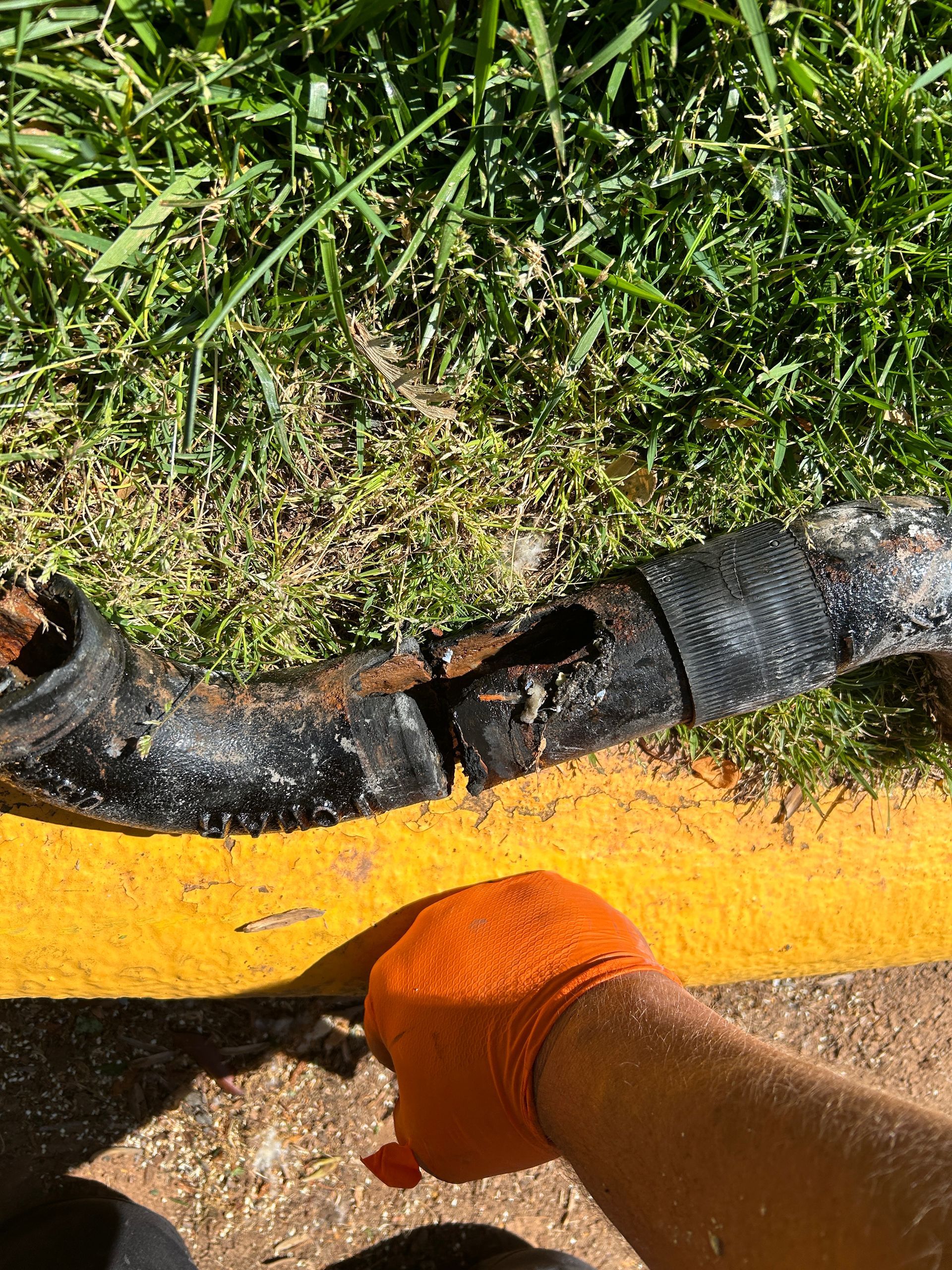 A person wearing orange gloves is standing next to a yellow curb.