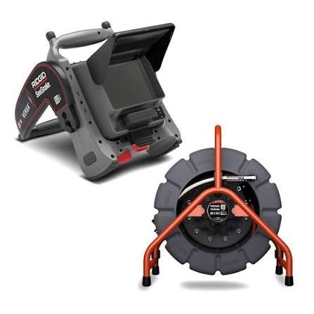 Compact black-and-gray pipe inspection camera reel with orange frame, shown from two angles on a white background