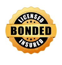Gold and black “Licensed Bonded Insured” badge seal with a yellow banner across the center