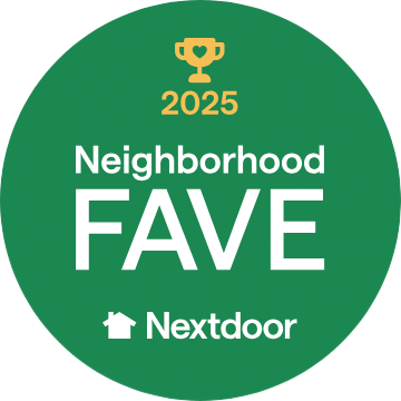 Green circular Nextdoor badge with gold trophy and “2025 Neighborhood FAVE” text.