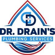 Dr. Drain's Plumbing Services logo in red, blue, and white with a water drop and wave design