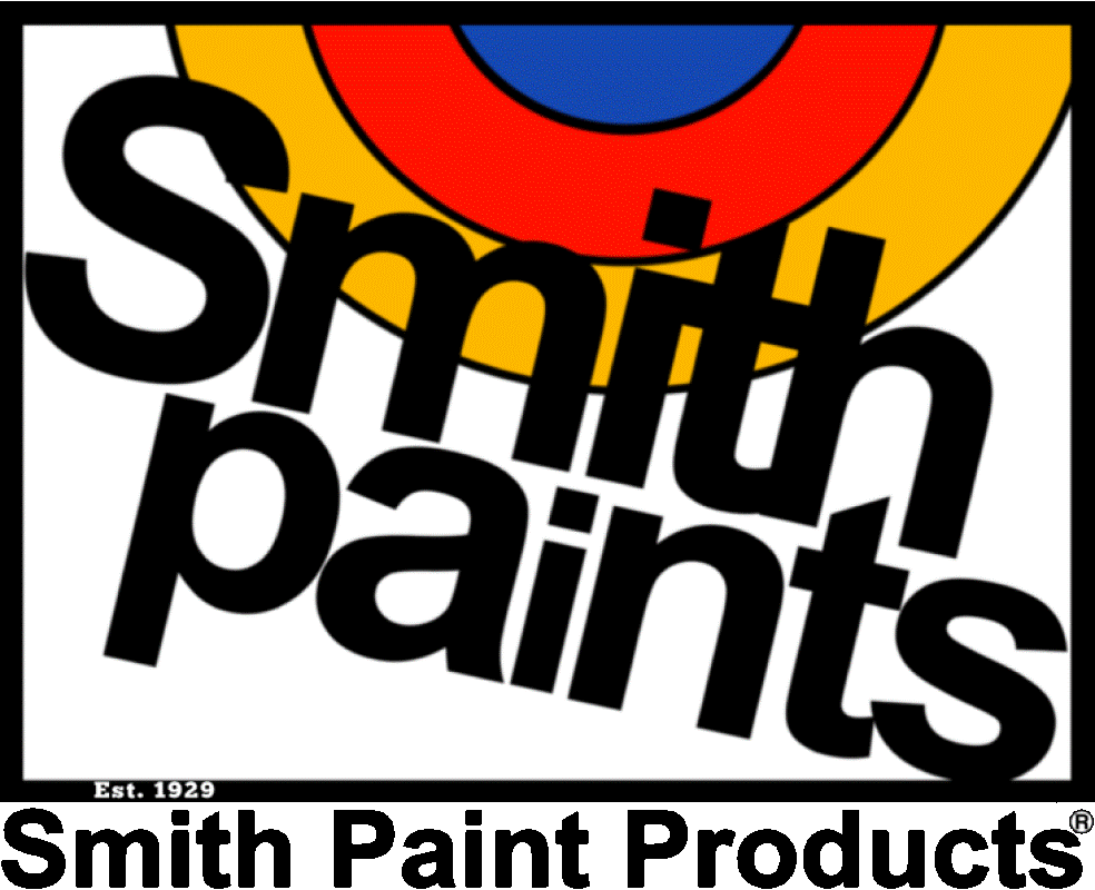 Smith Paints logo with bold black text over red, yellow, blue, and white geometric shapes