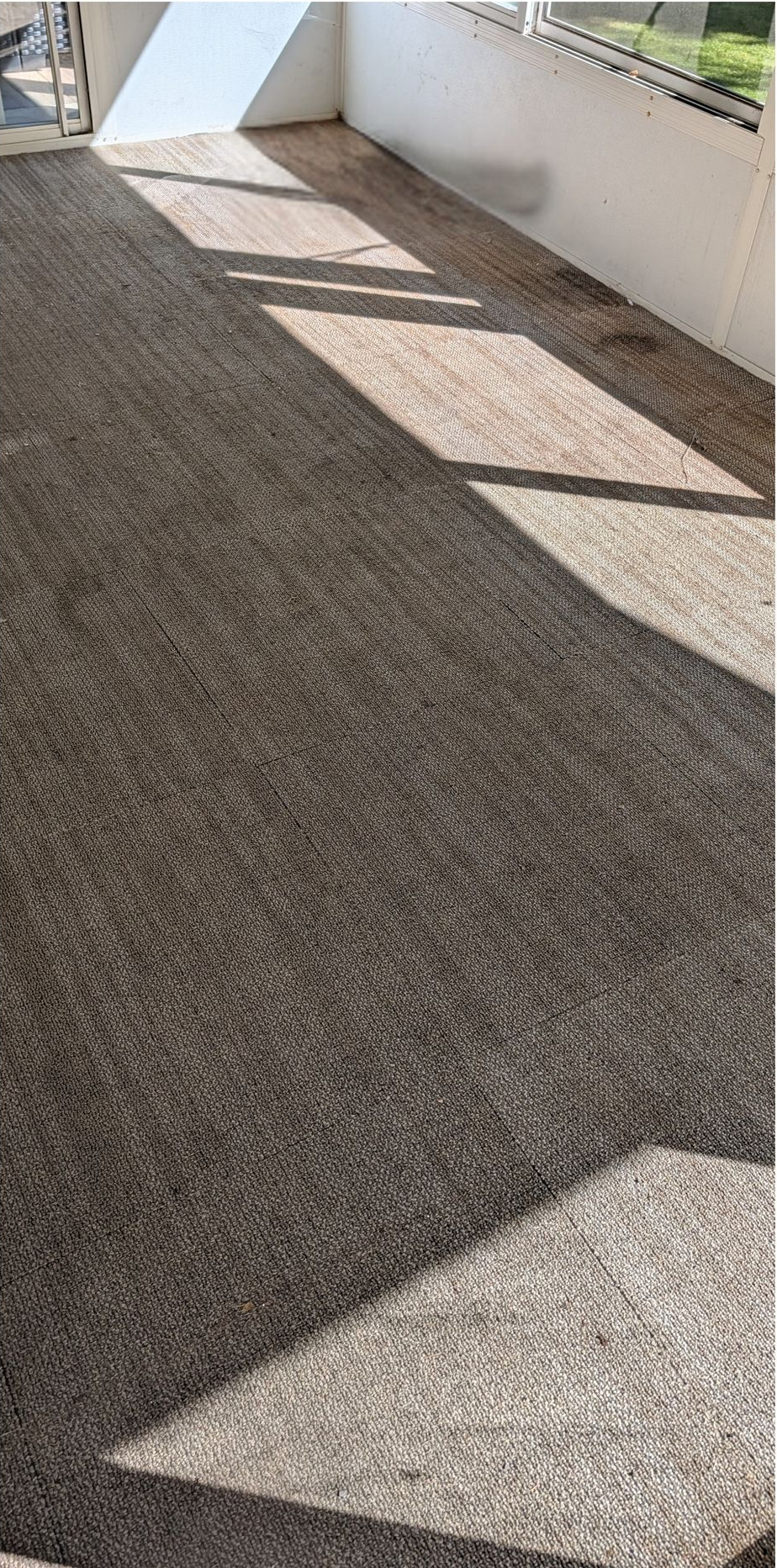 Vacuum cleaner and hose on a speckled floor in an empty room