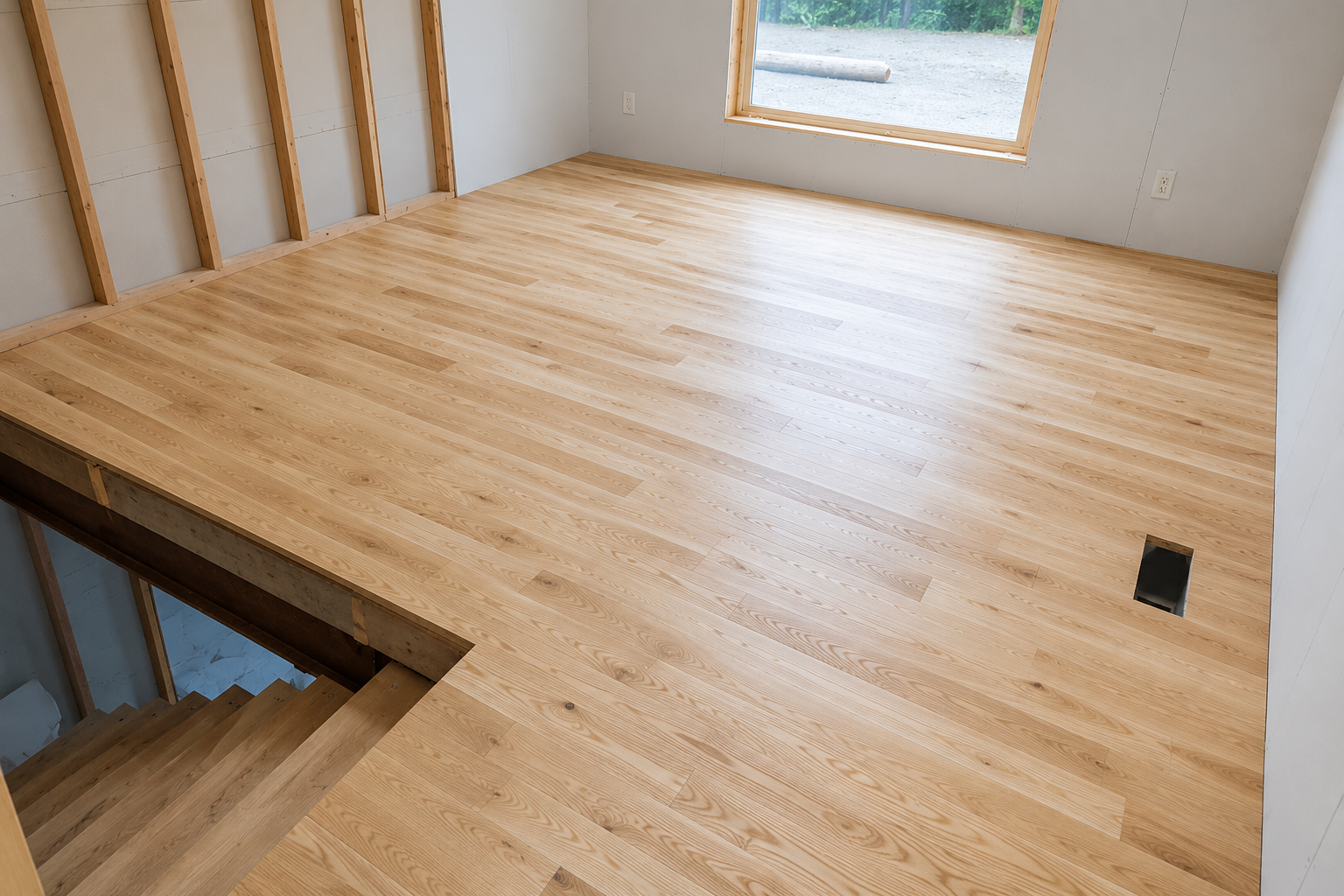 Empty light wood floor in a room under construction, with a window and exposed wall studs.