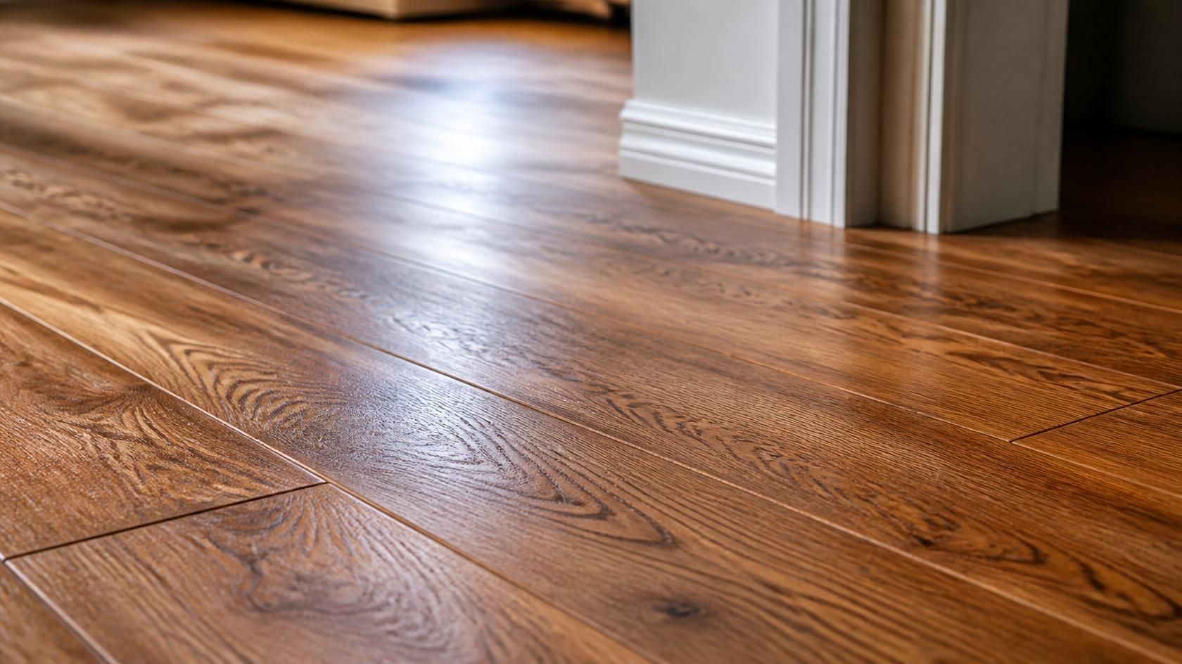 Polished hardwood floor with warm light near a doorway and white trim