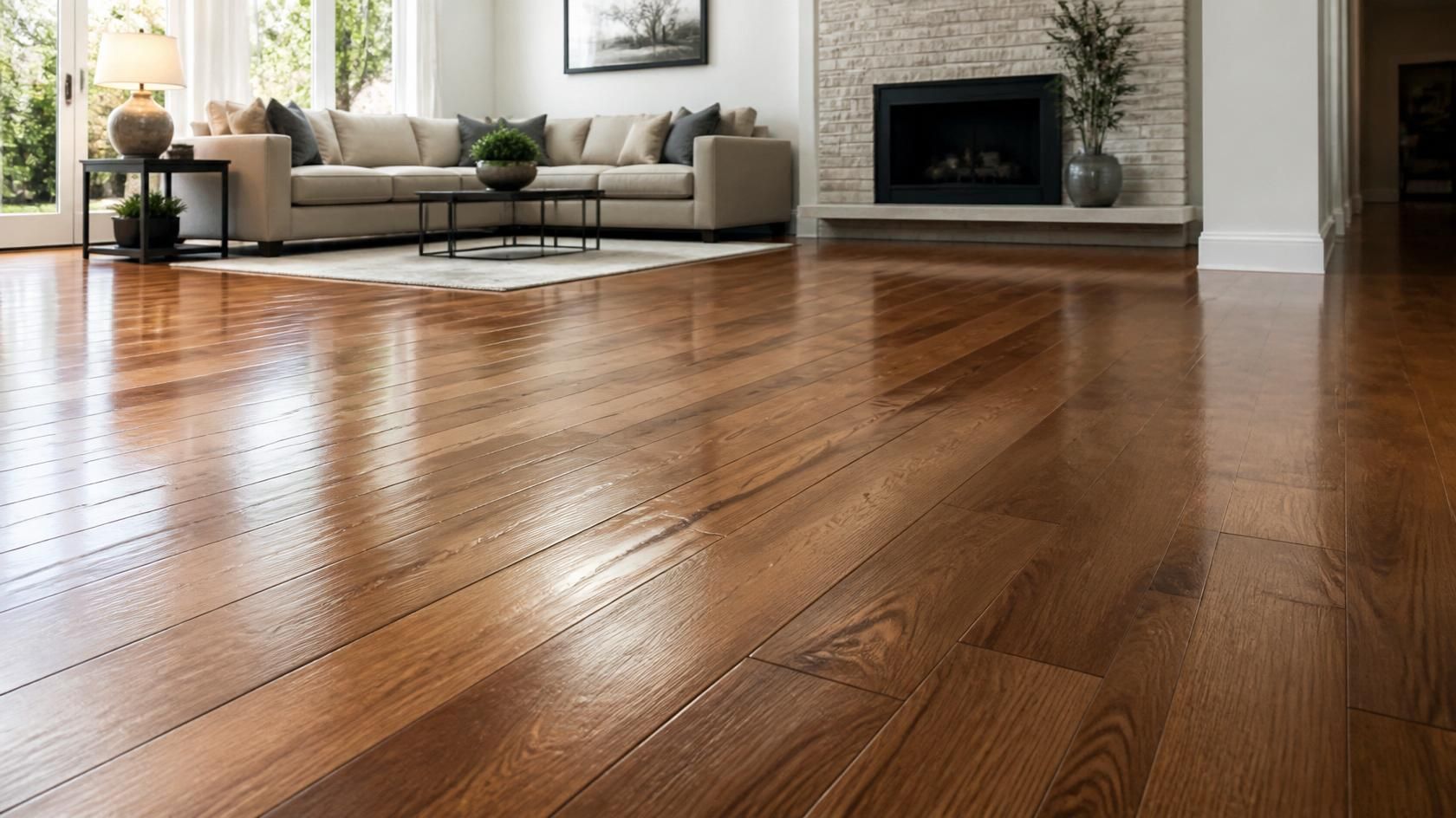 Polished hardwood floor in a bright living room with sofa, fireplace, and large windows
