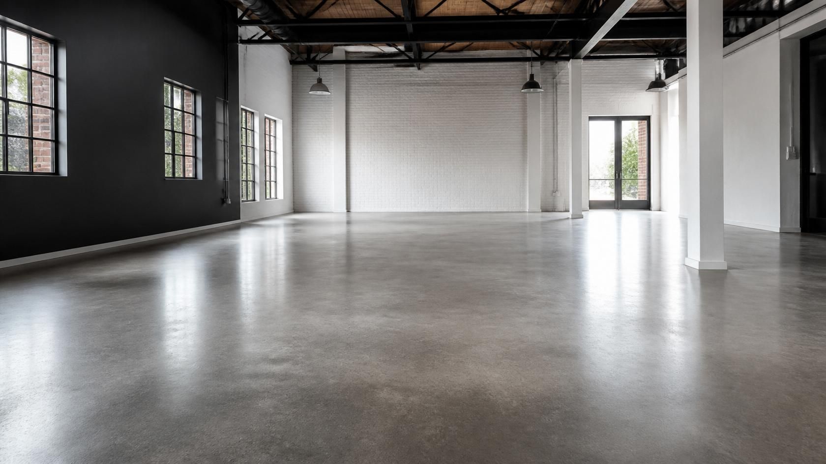 Empty industrial loft with polished concrete floor, exposed beams, and tall windows letting in daylight