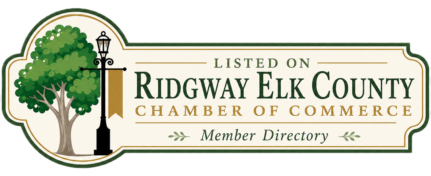 Ridgway Elk County Chamber of Commerce member directory banner with tree logo and green-gold border