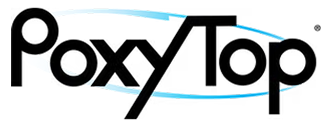 PoxyTop logo in black text with a light blue swoosh on a white background