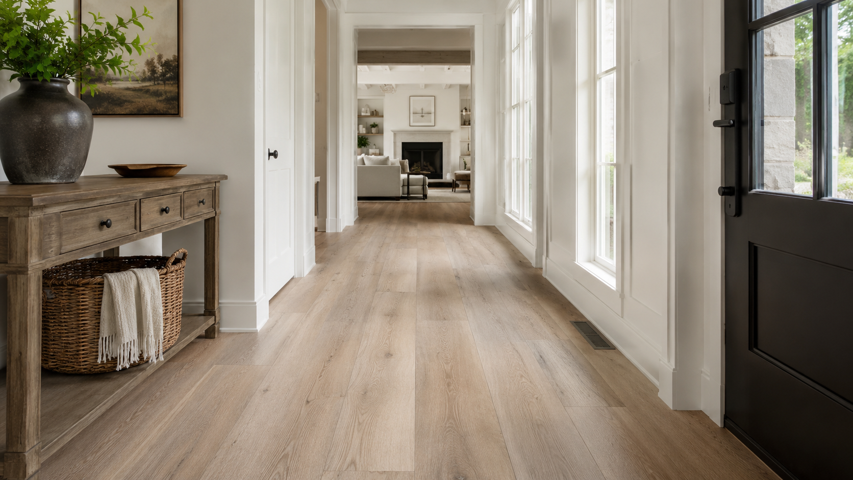 Unfinished hardwood floor in a room with white walls and a doorway opening to a brighter hall