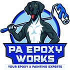 PA Epoxy Works logo with a black dog mascot holding a paint roller and text “Your Epoxy & Painting Experts”