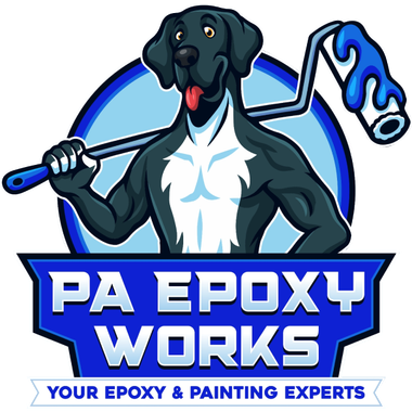 PA Epoxy Works logo with a black dog mascot holding a paint roller and text “Your Epoxy & Painting Experts”
