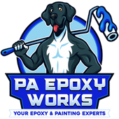 PA Epoxy Works logo with a black dog holding a paint roller above blue text