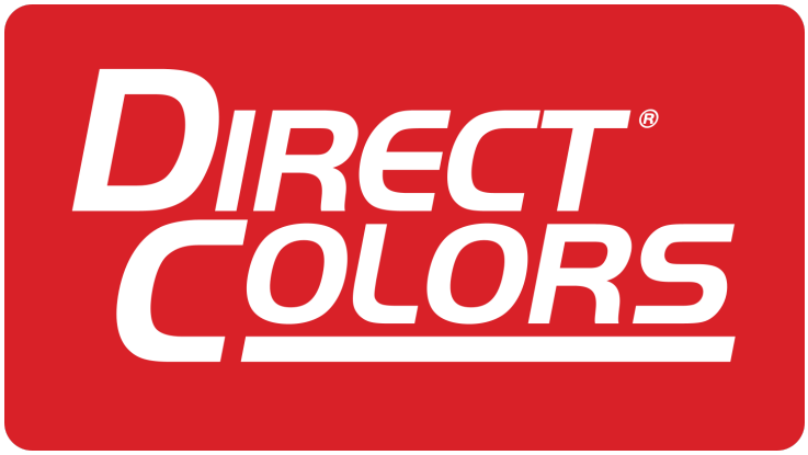 Direct Colors logo in red and blue with a rainbow underline on a white background