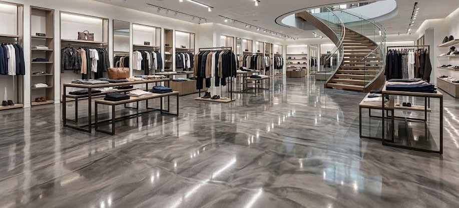 Modern luxury clothing store with polished marble floors, racks of apparel, and a curved staircase