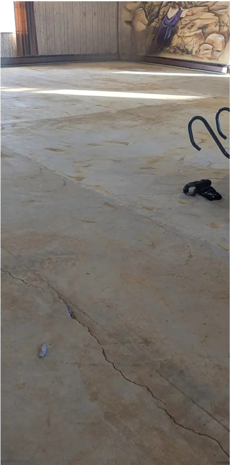 Cracked concrete floor in a sunlit indoor space with a small black object near the right side.