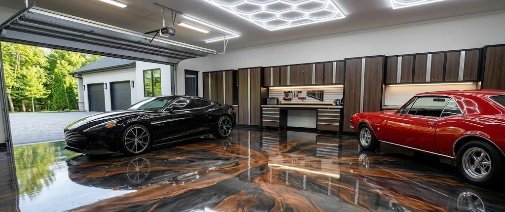 Two cars parked in a modern garage with glossy marble floors and a large open door.