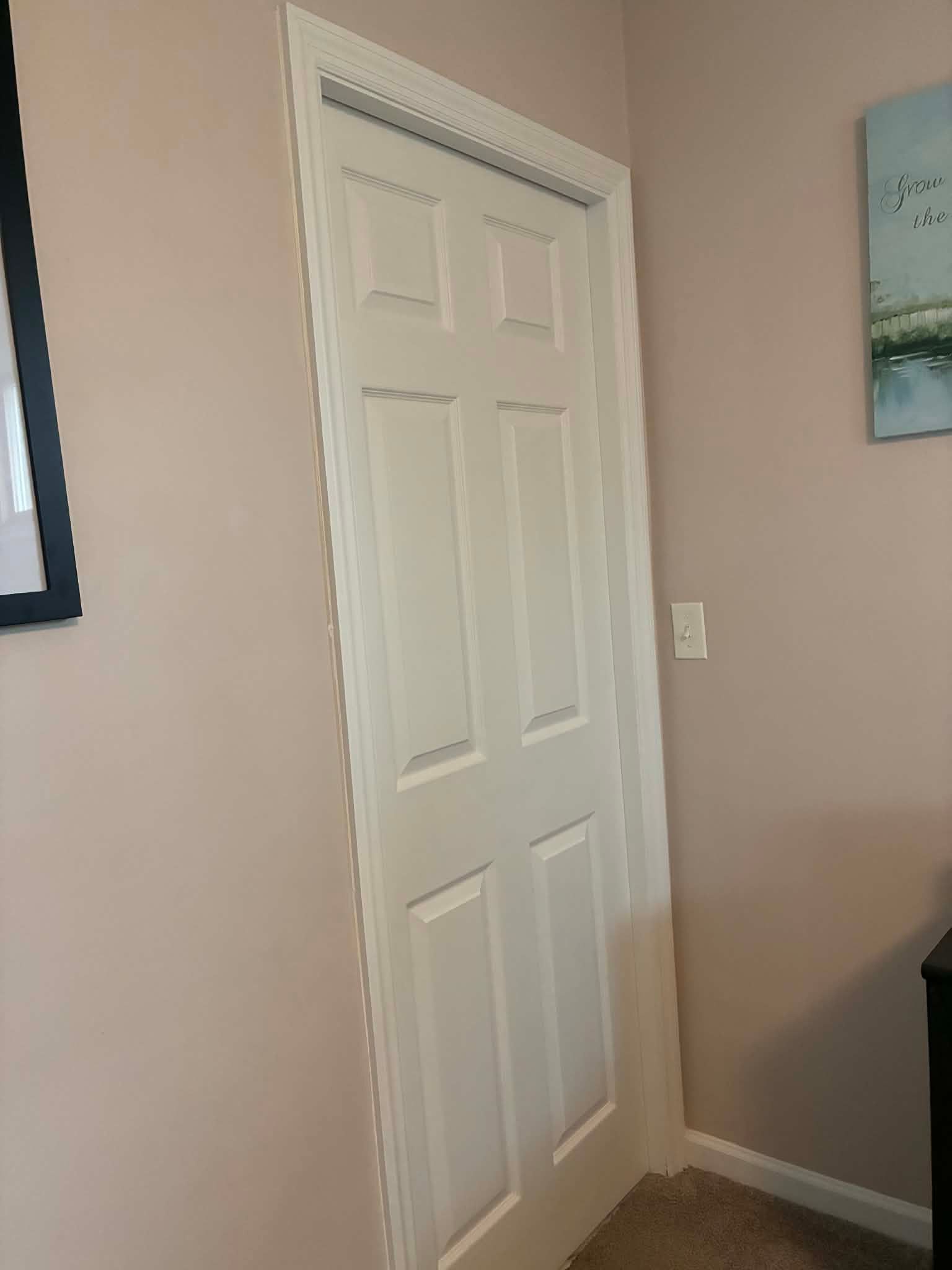 White paneled closet door in a beige bedroom corner with trim and a wall light switch.