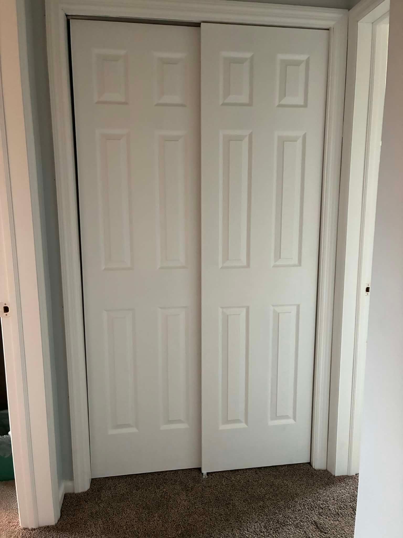 White double closet doors with raised panels in a carpeted hallway.