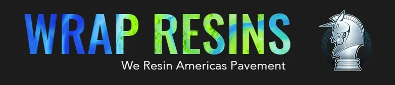 WRAP RESINS logo with blue and green text, gray tagline, and silver knight helmet icon on black background