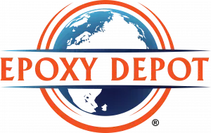 Epoxy Depot logo with orange text over a blue-and-white globe inside an orange ring