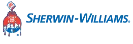 Sherwin-Williams logo with red paint bucket mascot and blue brand text on white background