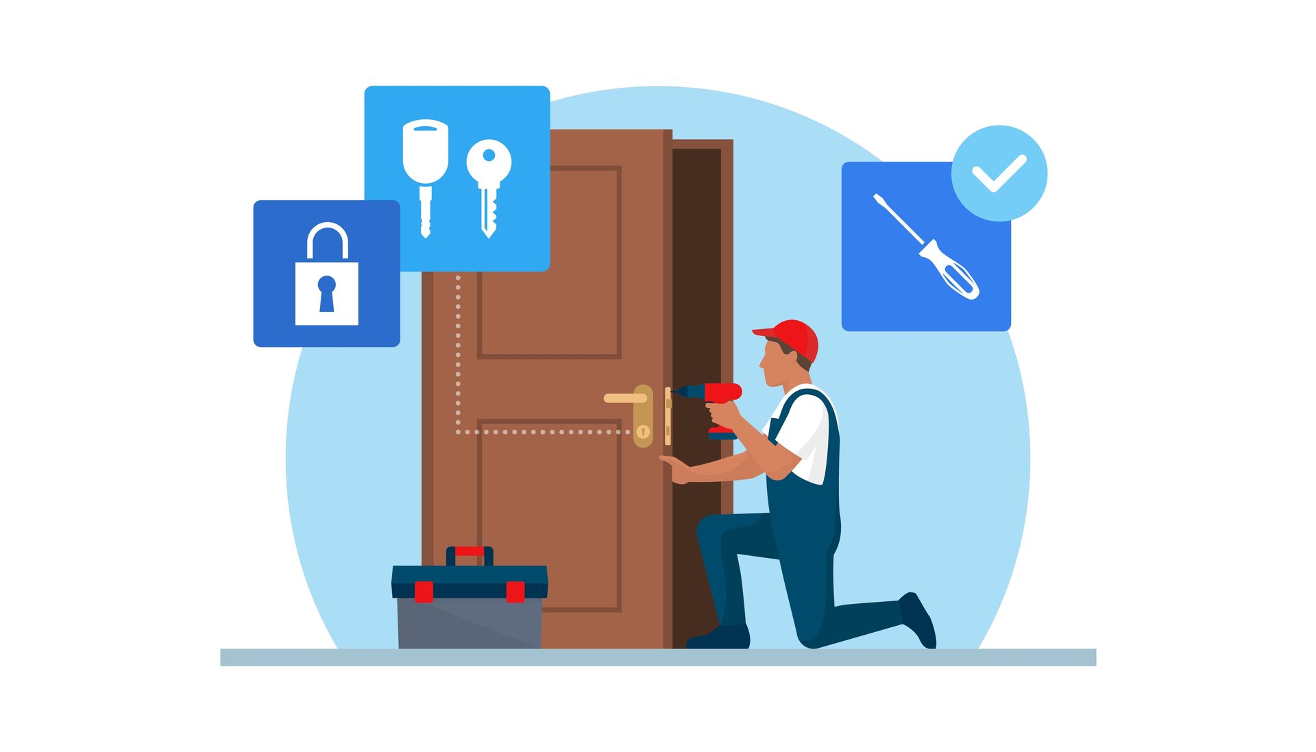A man is fixing a door with a screwdriver.