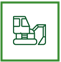 An excavator icon in a green frame on a white background.