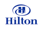 A blue hilton logo on a white background