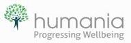 A logo for humania progressing wellbeing with a tree and a person.