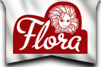 A red and white logo for flora with a lion on it.