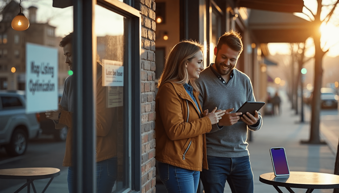 A man and a woman are standing on a sidewalk looking at a tablet.