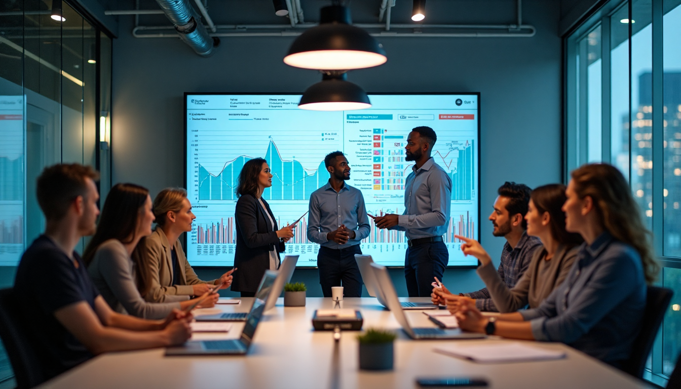A group of people are having a meeting in a conference room.
