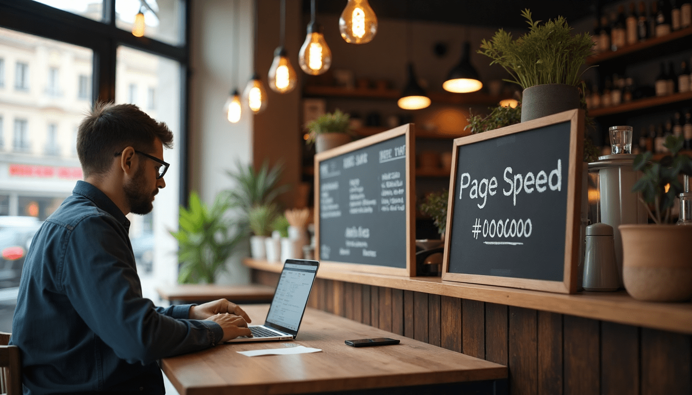 A man is sitting at a table in a cafe using a laptop computer.
