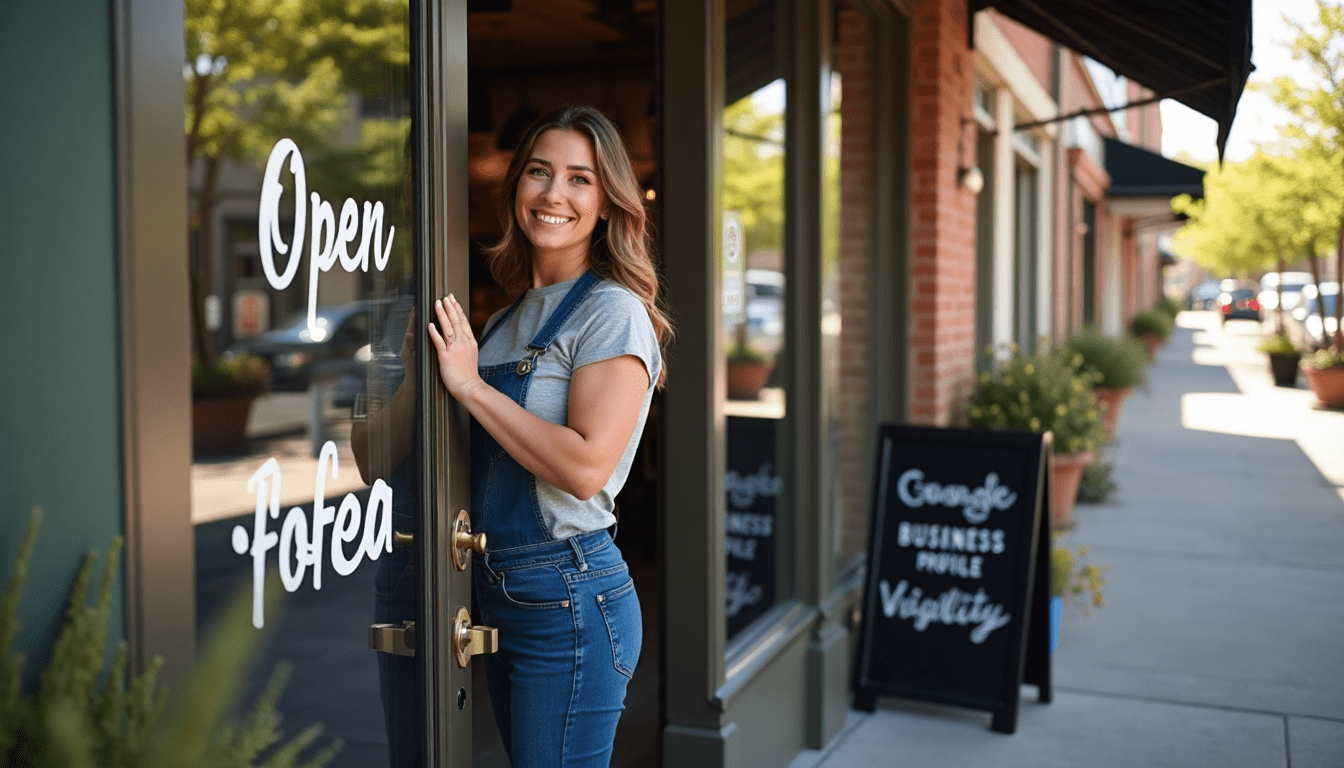 A woman is standing in the doorway of a store.