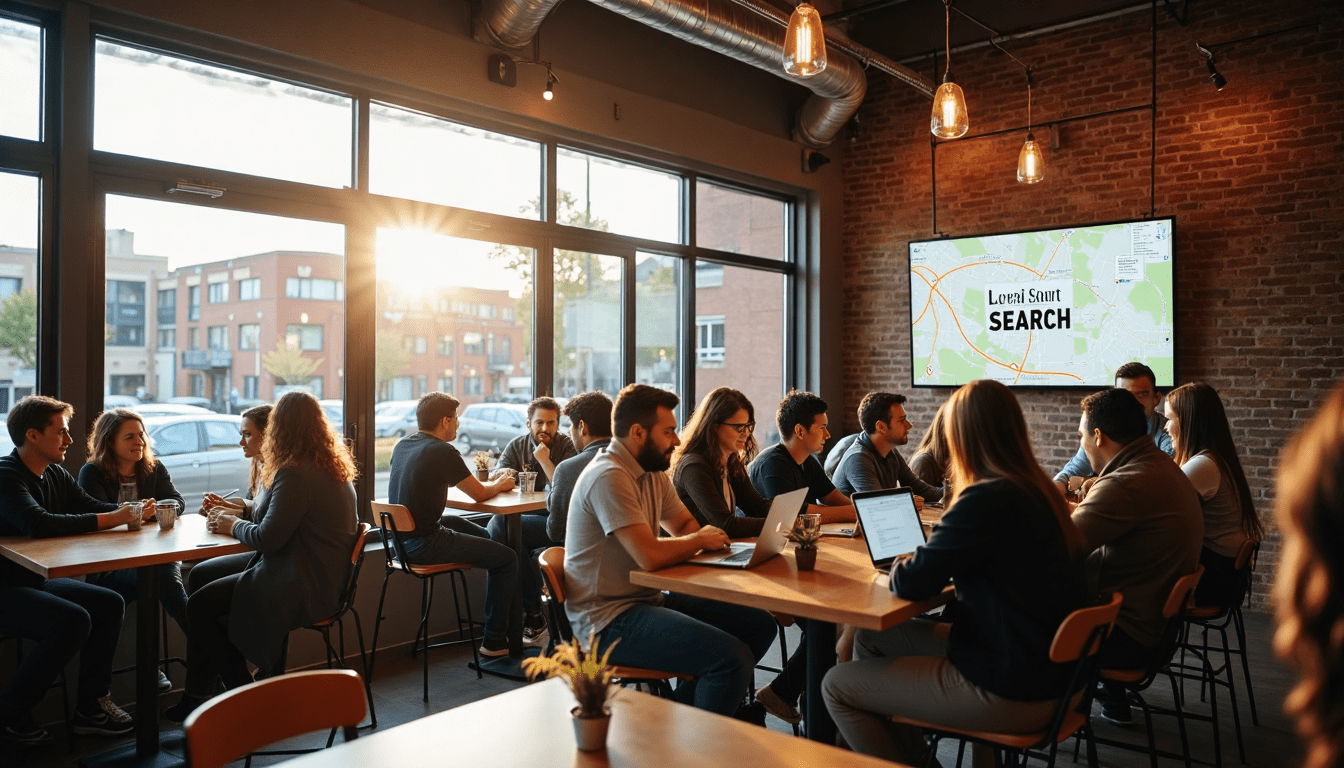 A group of people are sitting at tables in a restaurant.