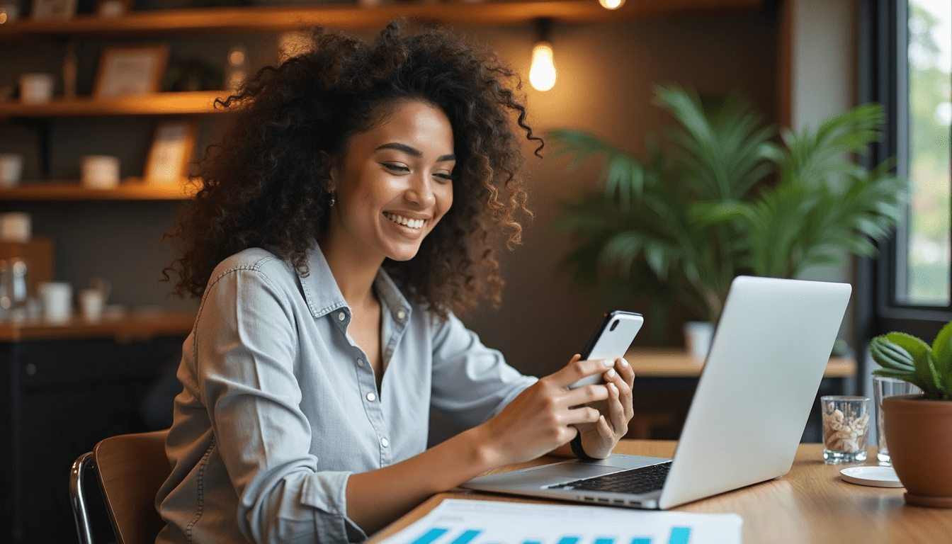 A woman is sitting at a table using a laptop and a cell phone.