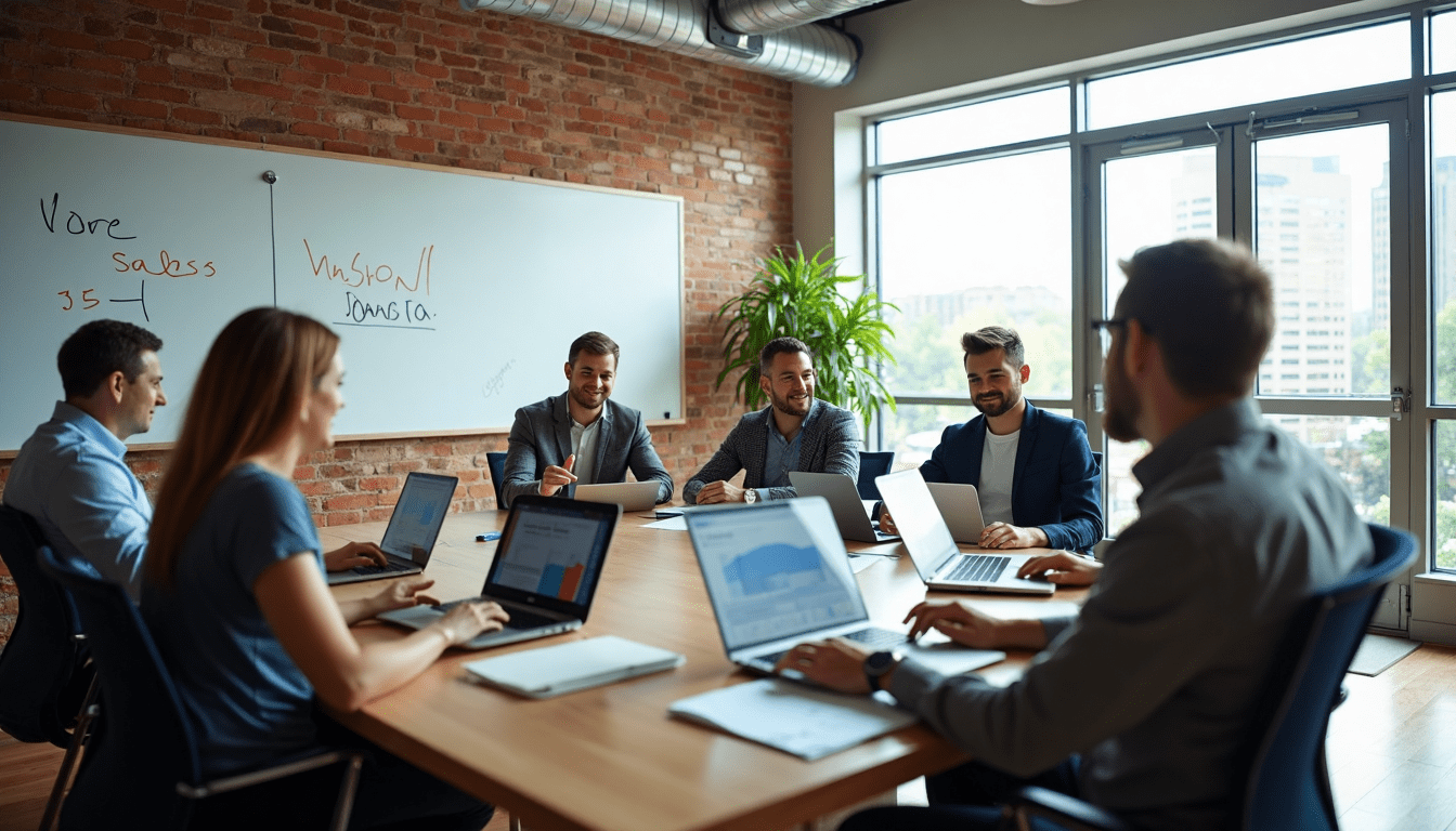 A group of people are sitting around a table with laptops.