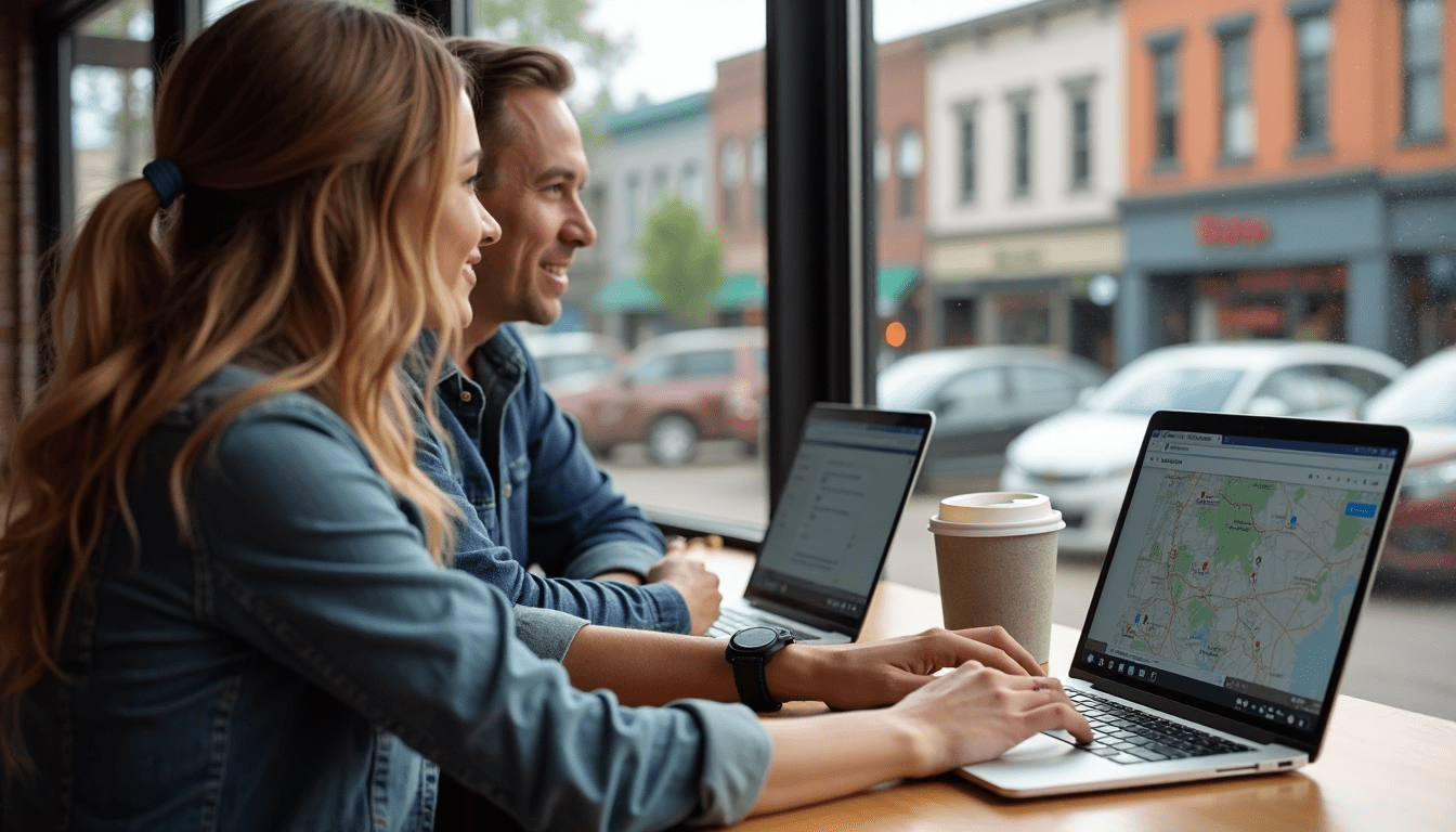 A man and a woman are sitting at a table using laptops.