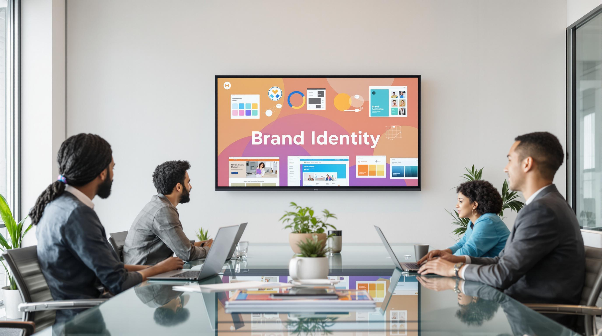 A group of people are sitting around a conference table in front of a flat screen tv.